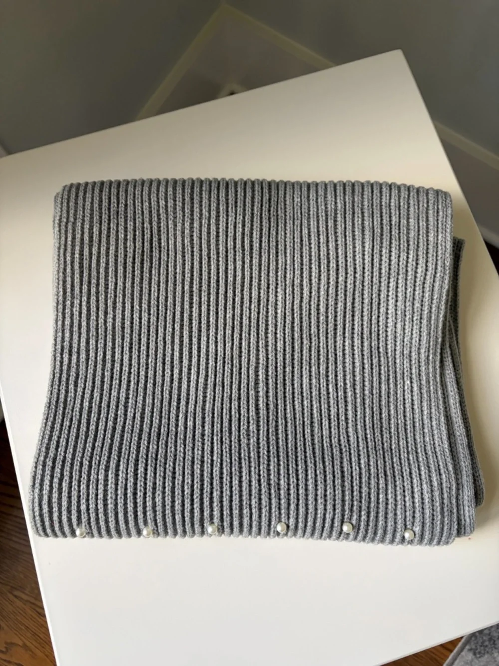 J. Crew Gray Ribbed Knit Scarf with Pearl Accents